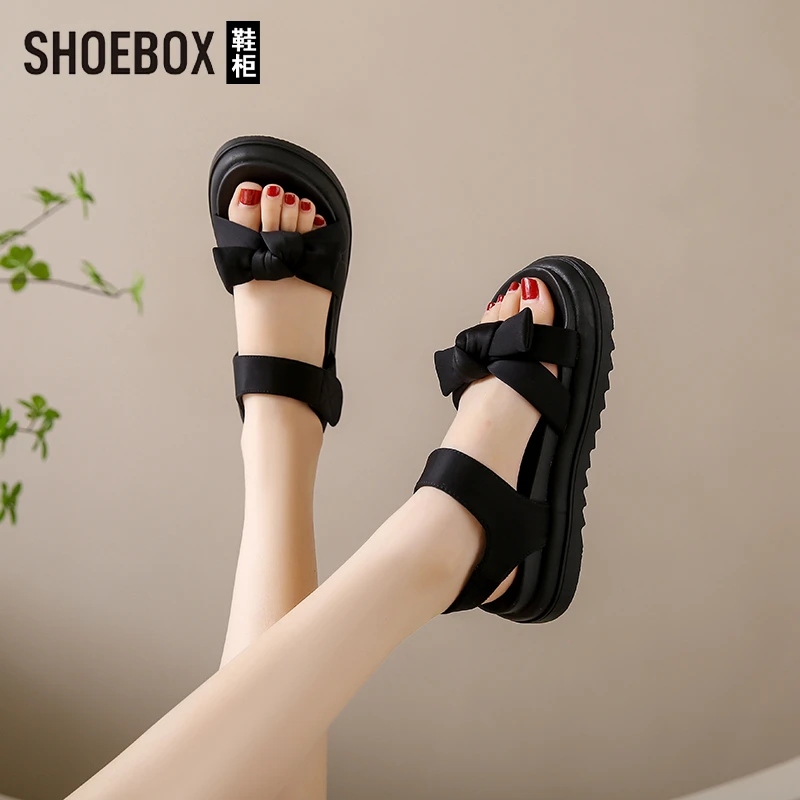 SHOEBOX鞋柜仙女风凉鞋女厚底夏外穿黑色软底不累脚沙滩凉拖鞋