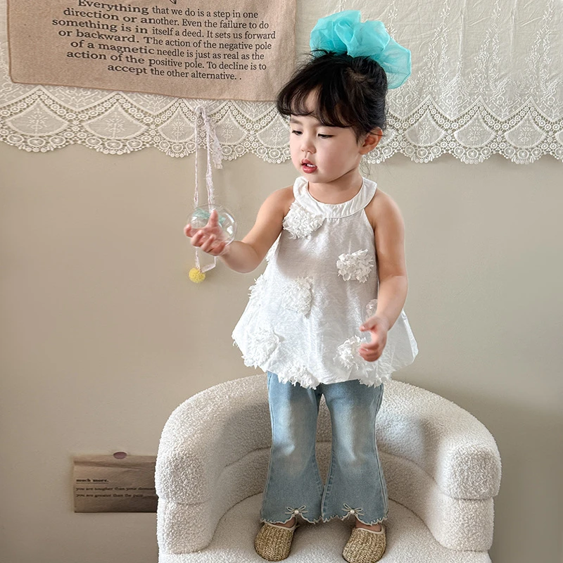 童装女童套装夏季2025新款韩版立体花背心牛仔喇叭裤宝宝