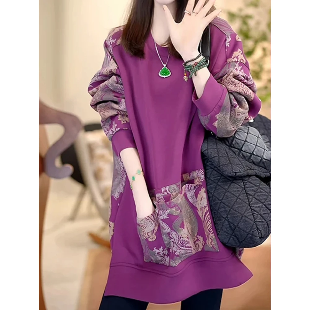 冬季休闲宽松中长款印花圆领加绒卫衣女秋冬外套大码加厚紫色上衣