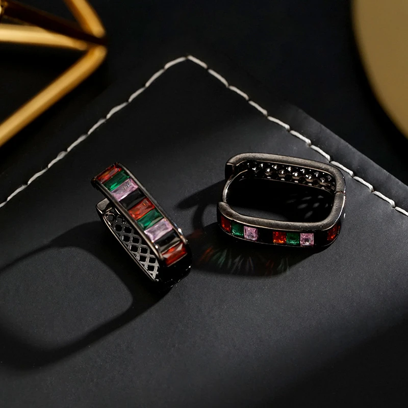 纯银彩锆方形耳扣耳环女复古流苏小众百搭饰品精致几何流苏耳扣