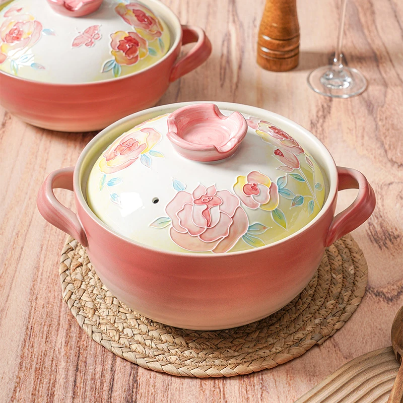 【四季陶仓】高颜值渐变浮雕耐高温炖煮砂锅--霓裳玫瑰容量砂锅