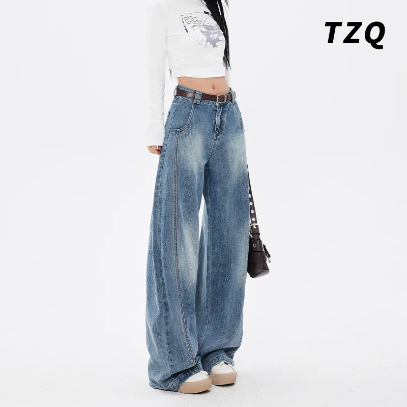 美式弯刀阔腿牛仔裤女春秋宽松设计感梨形身材拖地裤TZQ25010526