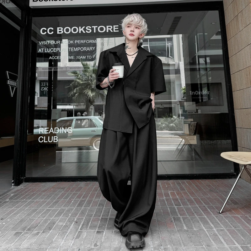 夏装高级感小众垫肩短袖西服套装男韩版一套搭配阔腿西裤两件套潮