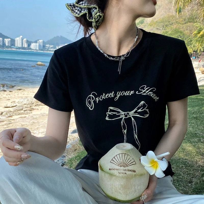 复古小众辣妹显瘦短款百搭印花美式韩版纯棉夏季黑色圆领打底