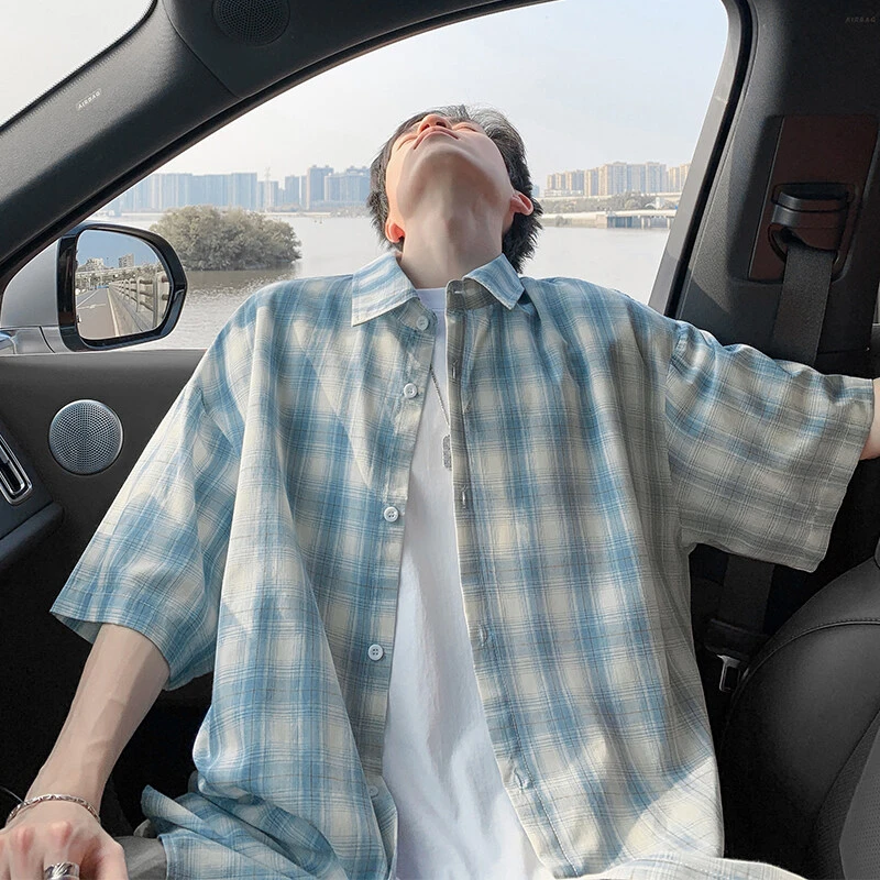 蓝色格子短袖衬衫男夏季潮牌美式高级感痞帅衬衣宽松休闲半袖外套