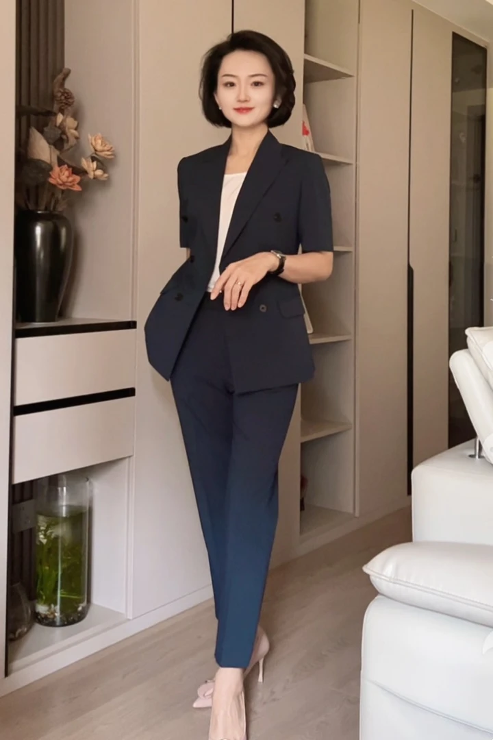 夏季藏青色短袖修身显瘦时尚职业西装套装