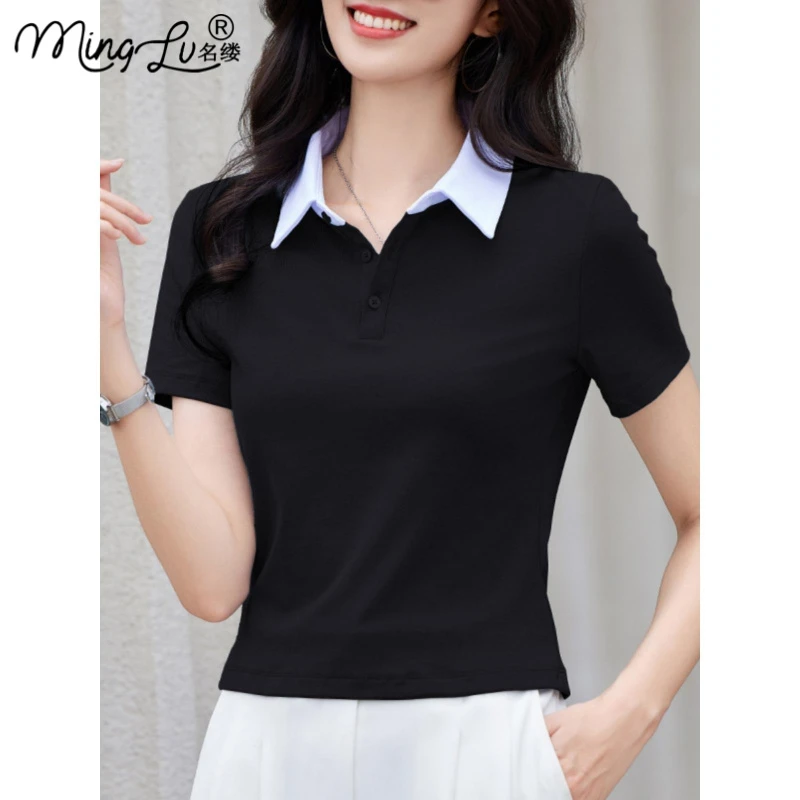 黑色正肩POLO领短袖t恤女2025夏季新款纽扣拼色修身百搭上衣体恤
