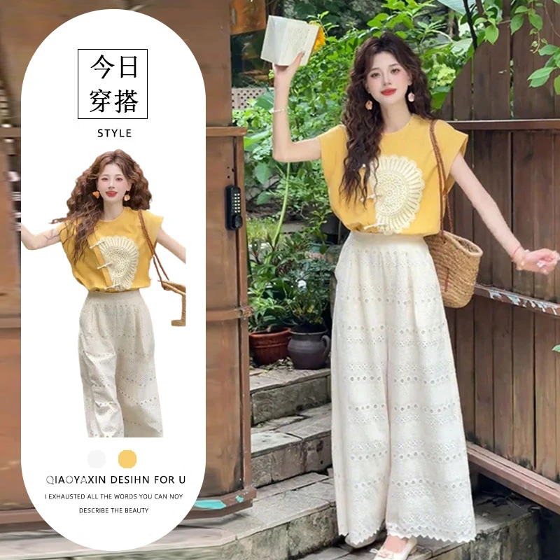 夏季温柔系穿搭女2025新款韩版时尚设计感圆领短袖阔腿裤两件套装