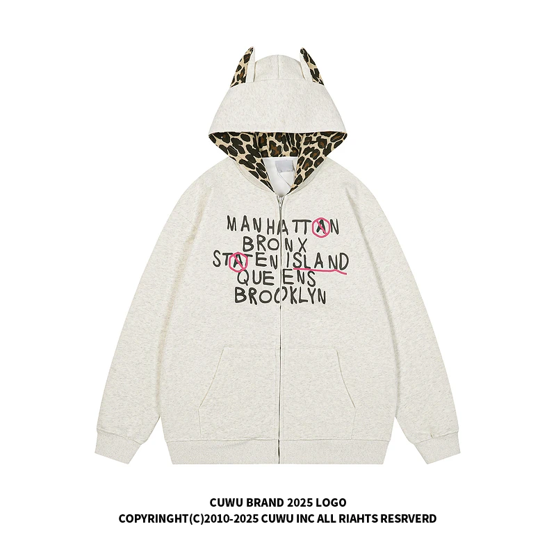 cuwu美式慵懒chic豹纹耳朵拼接连帽卫衣女男秋冬加绒加厚开衫外套