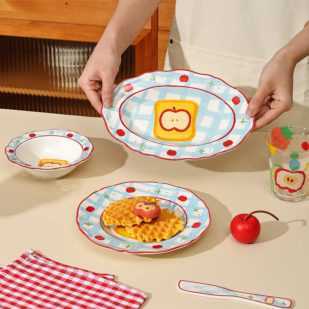 高颜值陶瓷餐具釉下彩甜品盘水果盘菜盘子一人食酸奶碗饭碗抹油刀