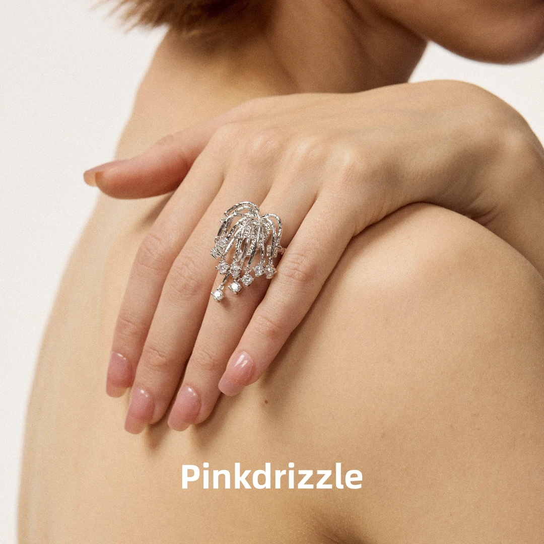Pinkdrizzle 铜合金合成锆石戒指 水中星辰开口戒指灵动设计感