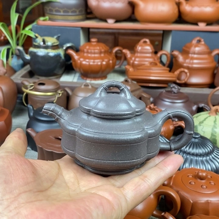 紫砂茶壶海棠竹鼓160cc原矿天青紫砂特价