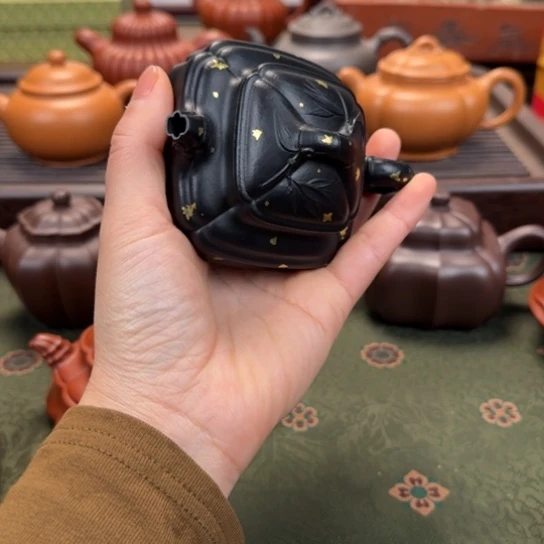 紫砂茶壶四方竹鼓焐灰洒金
