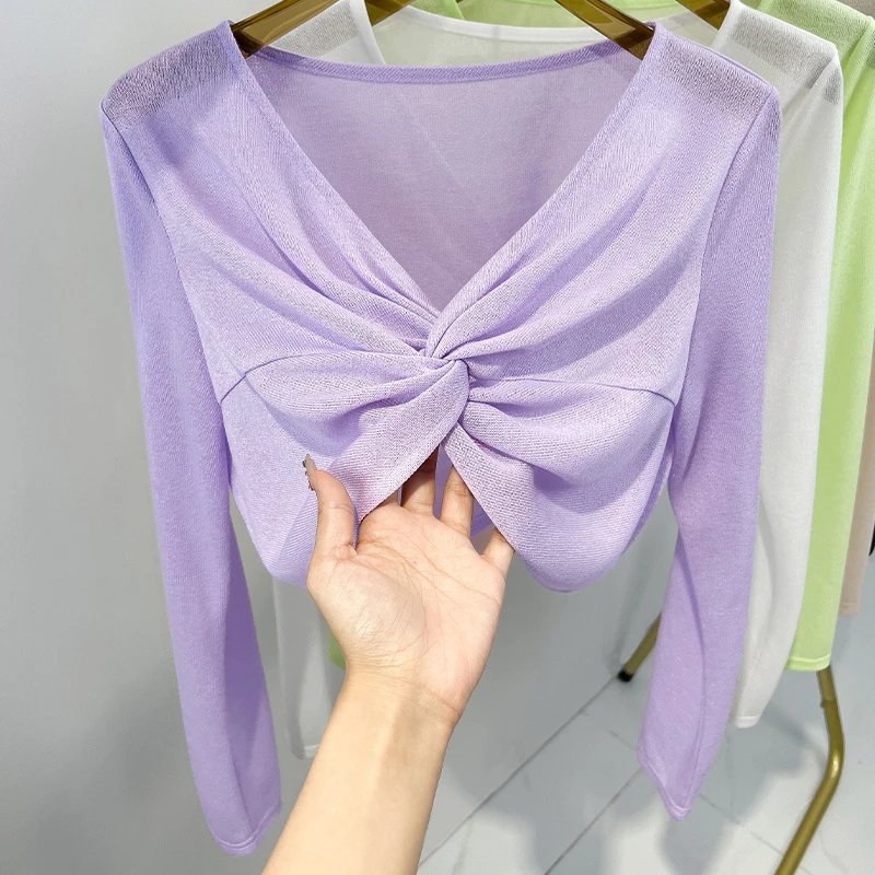 紫色冰丝针织衫洋气V领扭结长袖罩衫夏季配吊带裙外搭上衣外套女