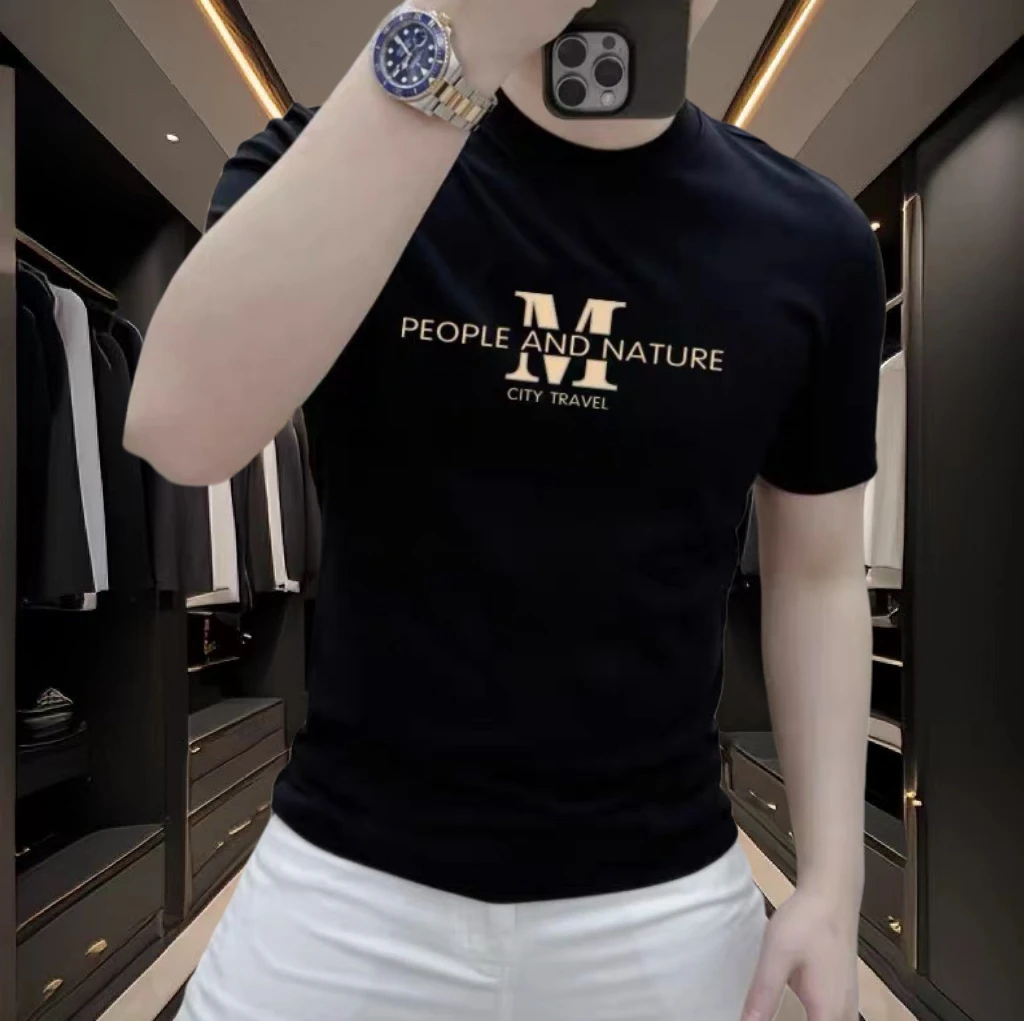 高端短袖t恤男士夏季新款半袖欧洲站潮牌时尚字母烫印青年打底衫