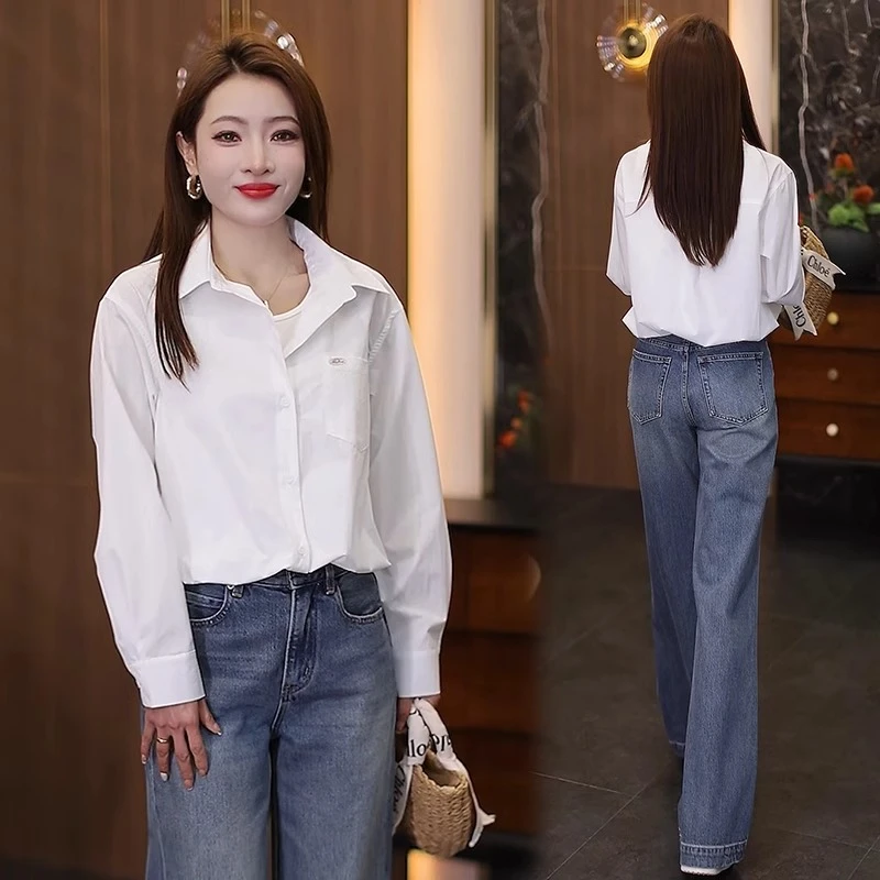 白色衬衫女长袖上衣2025春季新款时尚减龄显瘦洋气假两件衬衣小衫