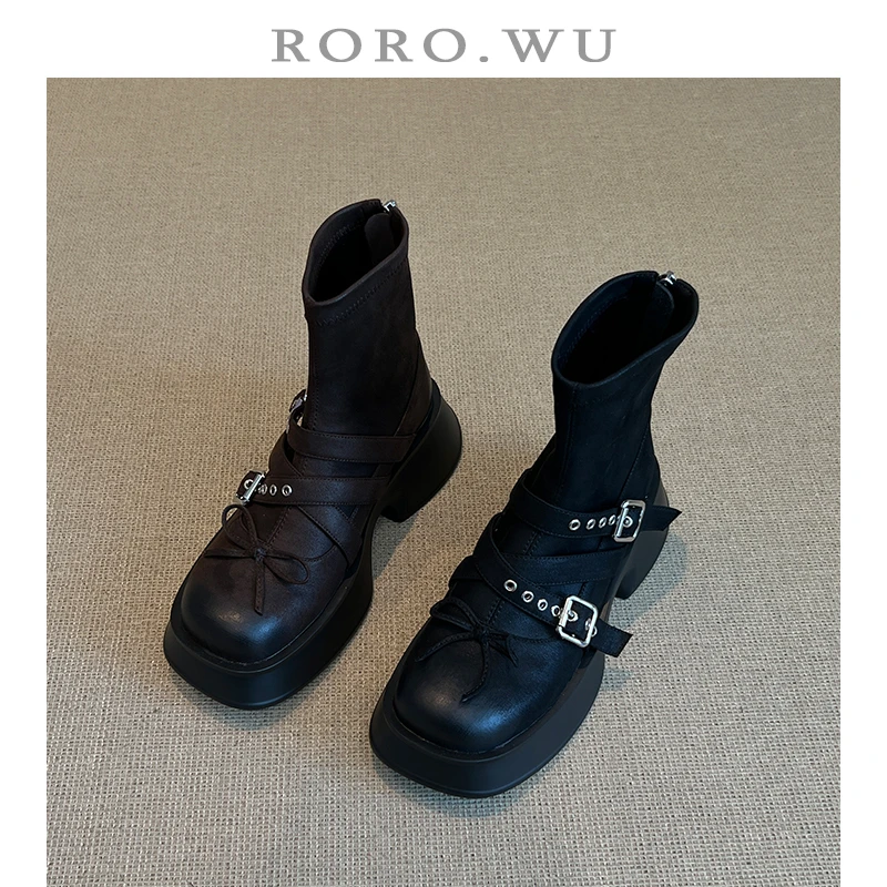 娆娆吴·厚底粗跟蝴蝶结皮带扣酷潮圆头英伦风瘦瘦靴短靴女X394