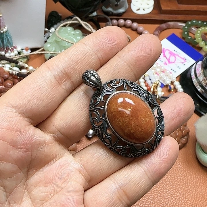 蛇纹石玉颈饰银S925镶嵌佳**鑫