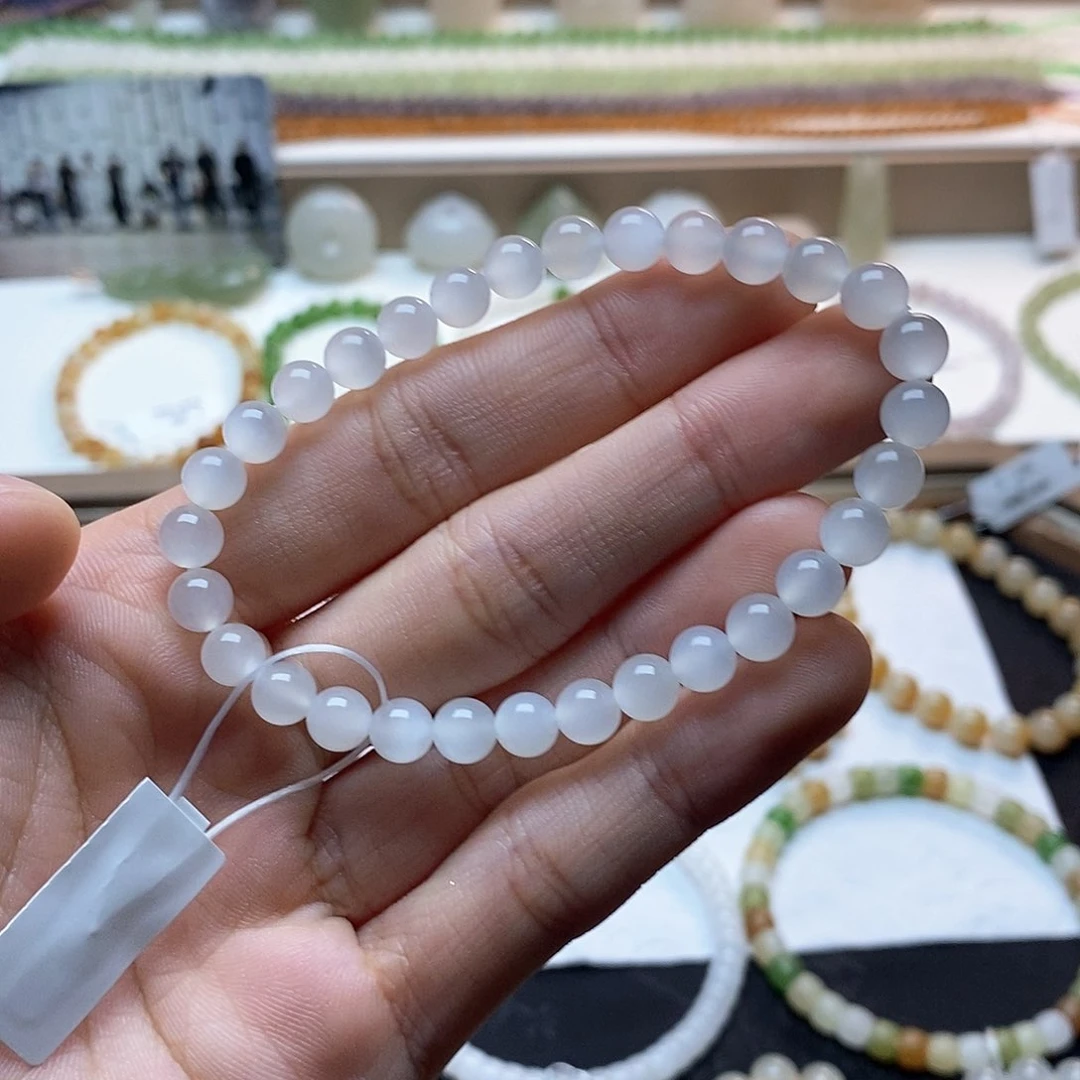 和田玉手链未镶嵌冰底白玉一线猫卡六