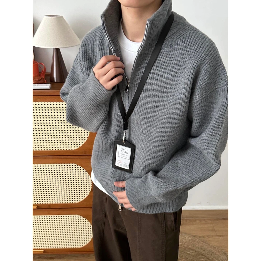 灰色双拉链立领针织衫外套男秋季重磅cleanfit开衫毛衣松弛感卫衣