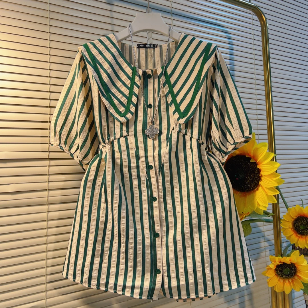 Q夏季新款娃娃领条纹收腰显瘦减龄短袖上衣