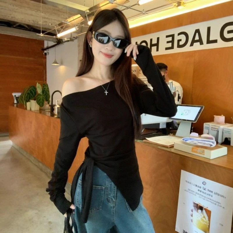早秋韩版新款黑色长袖设计感打底衫不规则爆款t恤纯色上衣女内搭