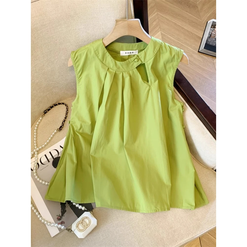 202年夏季简约百搭气质圆领压褶无袖背心衬衫设计感减龄