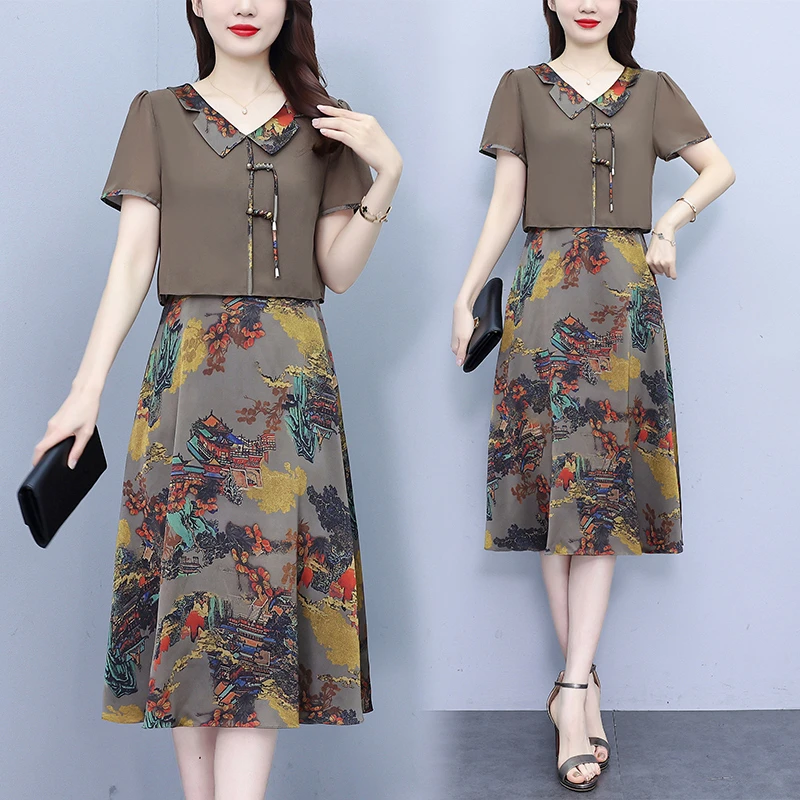 中年妈妈改良旗袍连衣裙女新款夏季气质高端假两件裙子复古中国风
