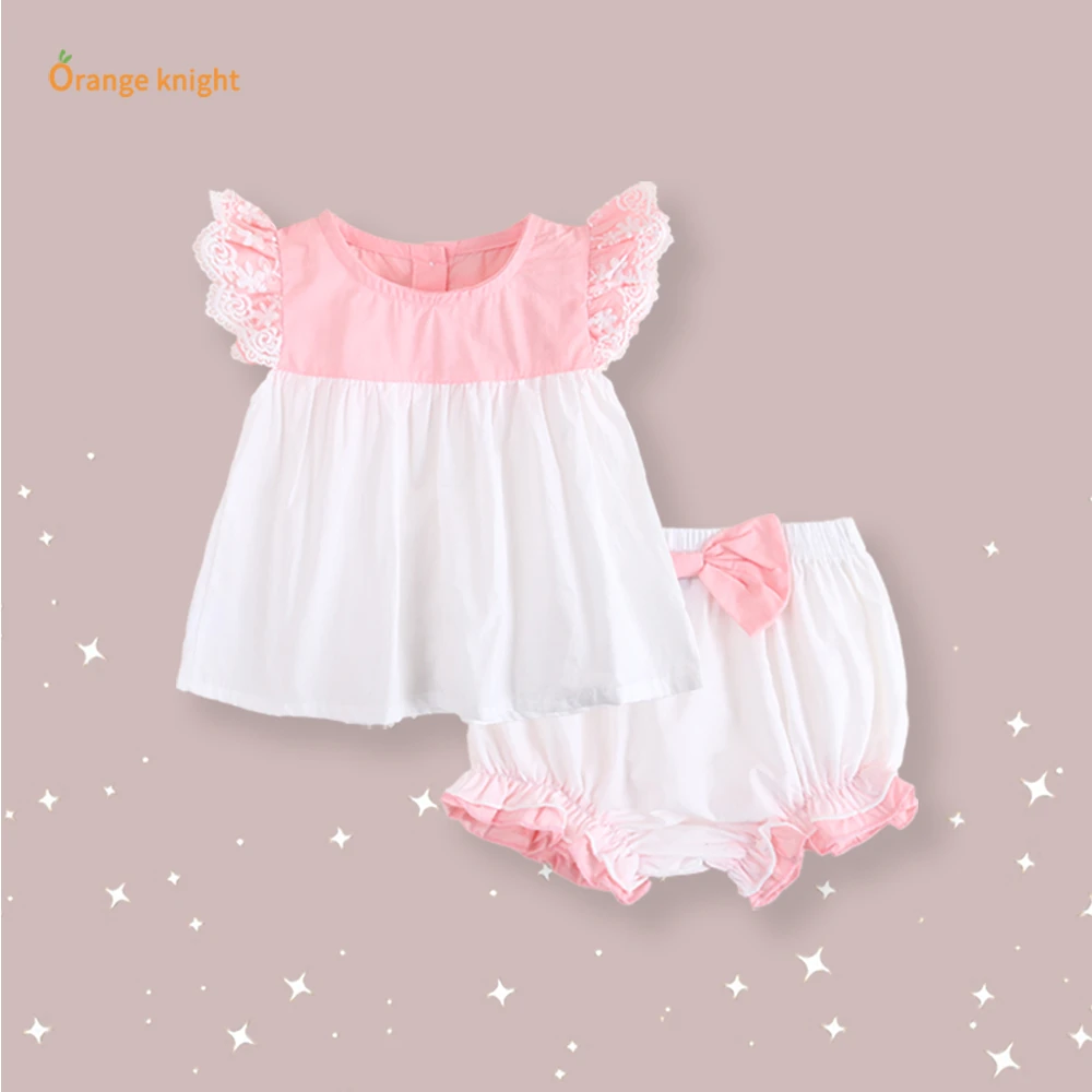 满月女宝宝春季衣服套装日系清新甜美蕾丝花边短袖灯笼短裤两件套