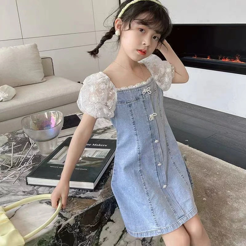 6293女童连衣裙夏季新款女孩洋气蕾丝泡泡短袖公主牛仔裙气质网红