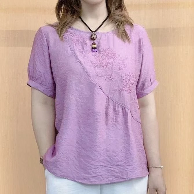 2025夏季新款冰丝刺绣百搭宽松妈妈上衣小衫薄款起皱冰丝皱上衣女