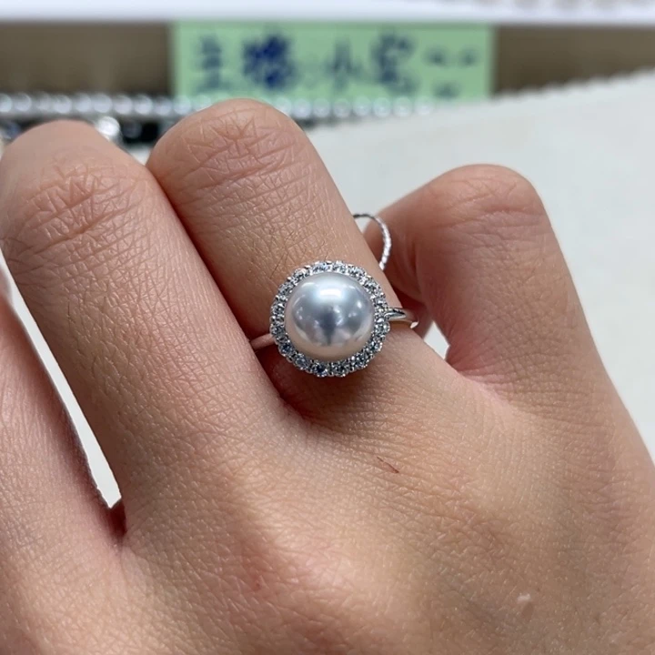 银S925镶嵌戒指海水珍珠澳白银蓝8-9m 14号
