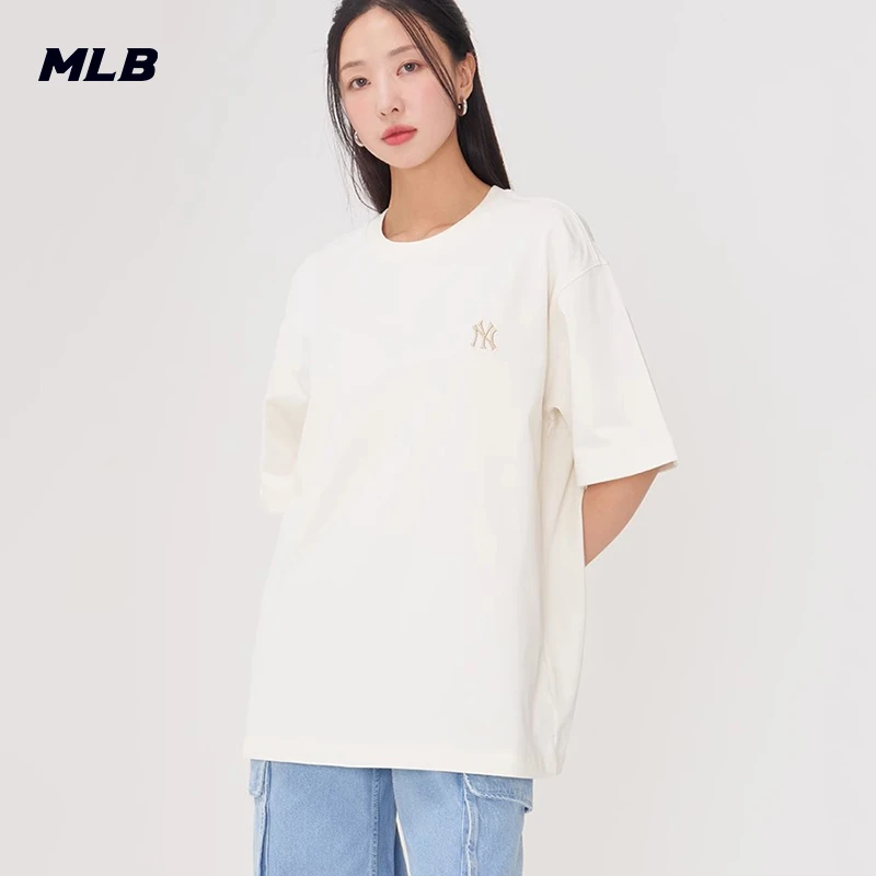 MLB短袖男女情侣纯色简约潮流纯棉圆领百搭透气T恤2025春夏季新款