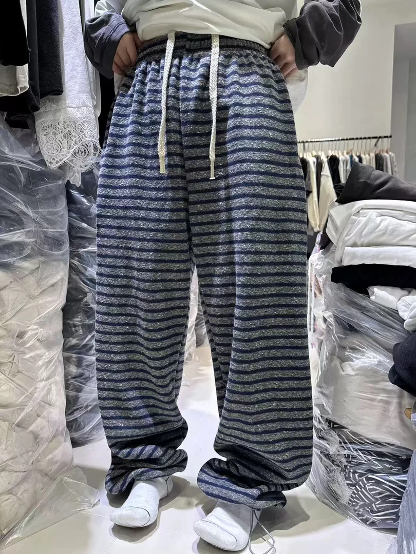 韩版抽绳条纹卫裤