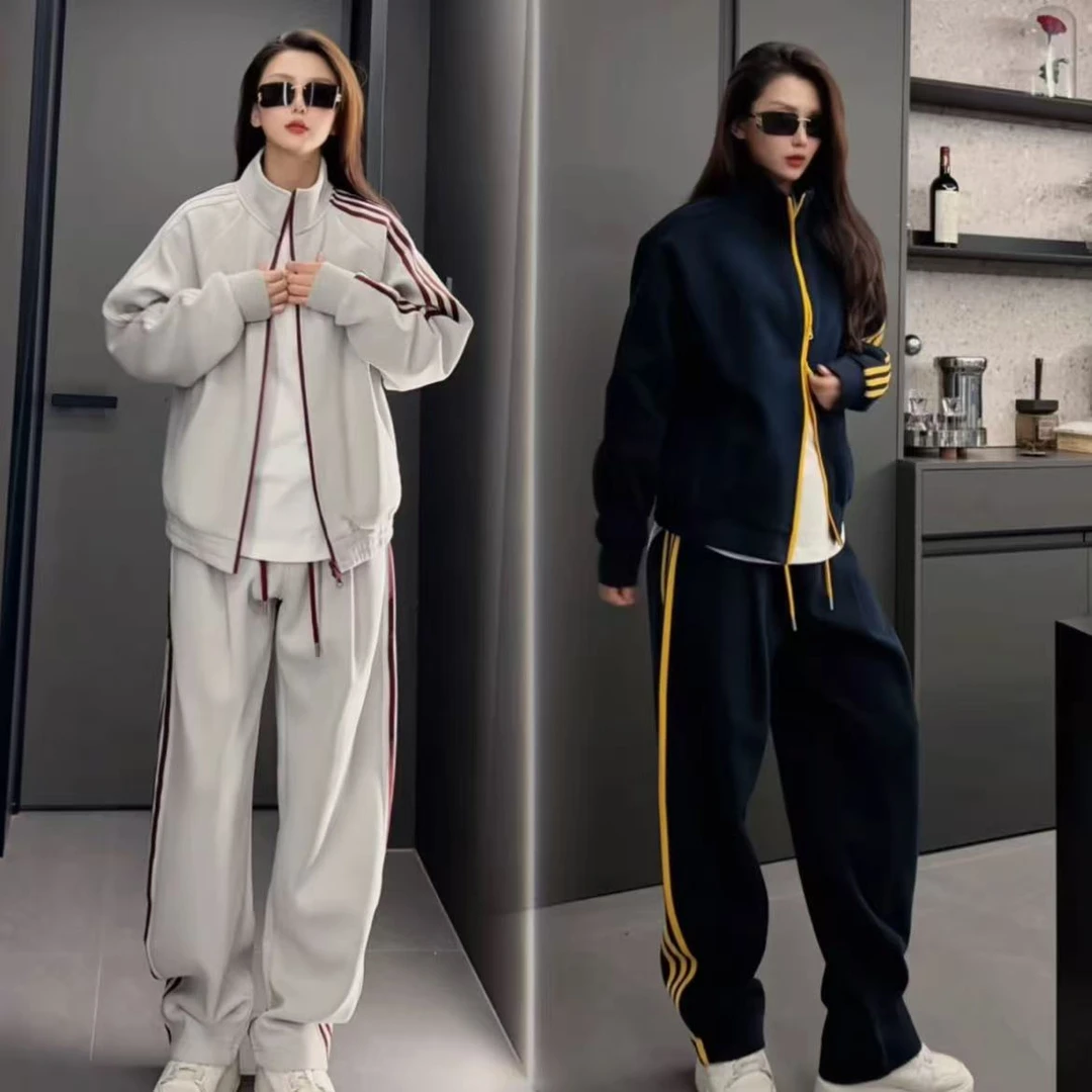 男女同款美式撞色三条杠运动卫衣套装休闲外套弯刀裤子