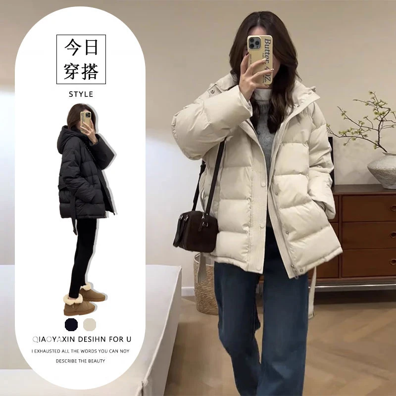 韩系连帽系带棉服外套女2025秋冬新款宽松显瘦收腰保暖面包服外套