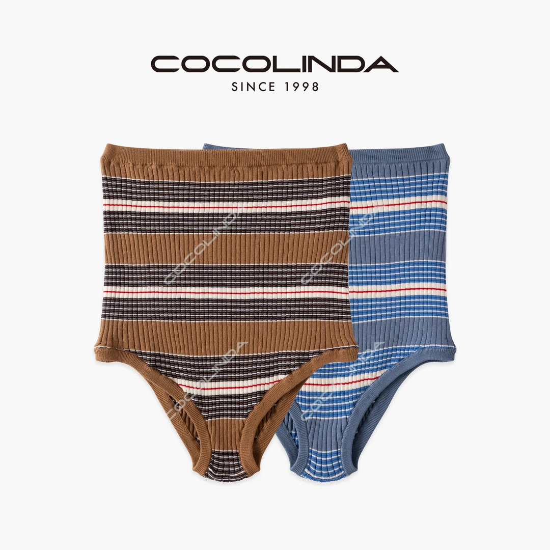 COCOLINDA | 拉达风100%棉卡其色条纹高腰短裤P5019