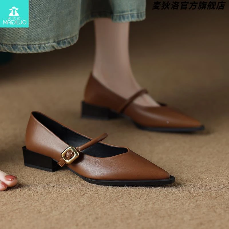 真皮法式3公分低跟爆款尖头包鞋女2025秋款气质秋秋玛丽珍小跟鞋