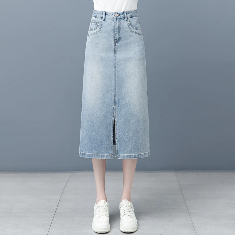 浅色牛仔半身裙女春夏季新款高腰显瘦包臀裙中长款开叉一步裙803