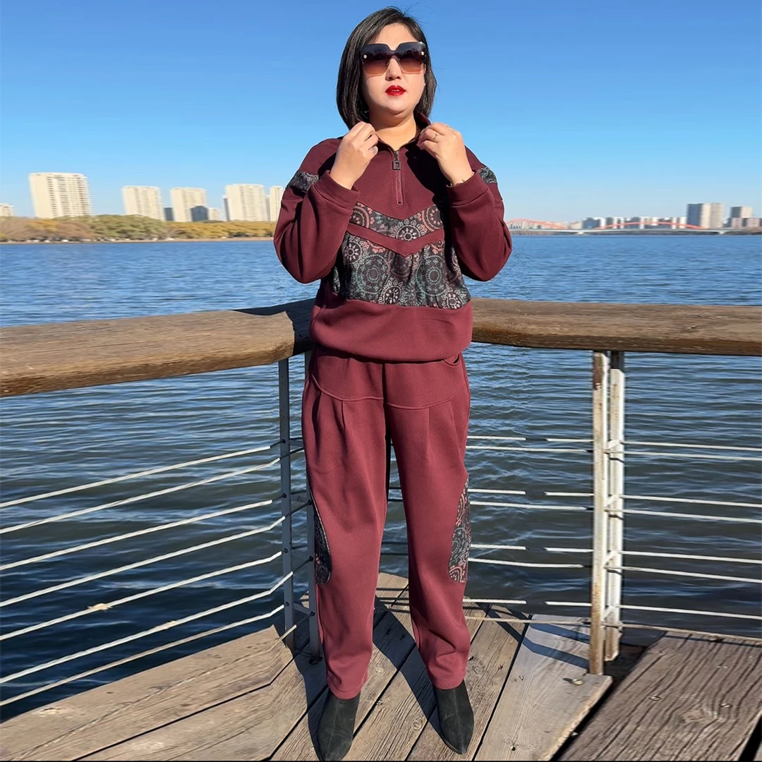 2025网红爆款春秋季时尚气质罗马棉拼色套头大码套装宽松休闲遮肉