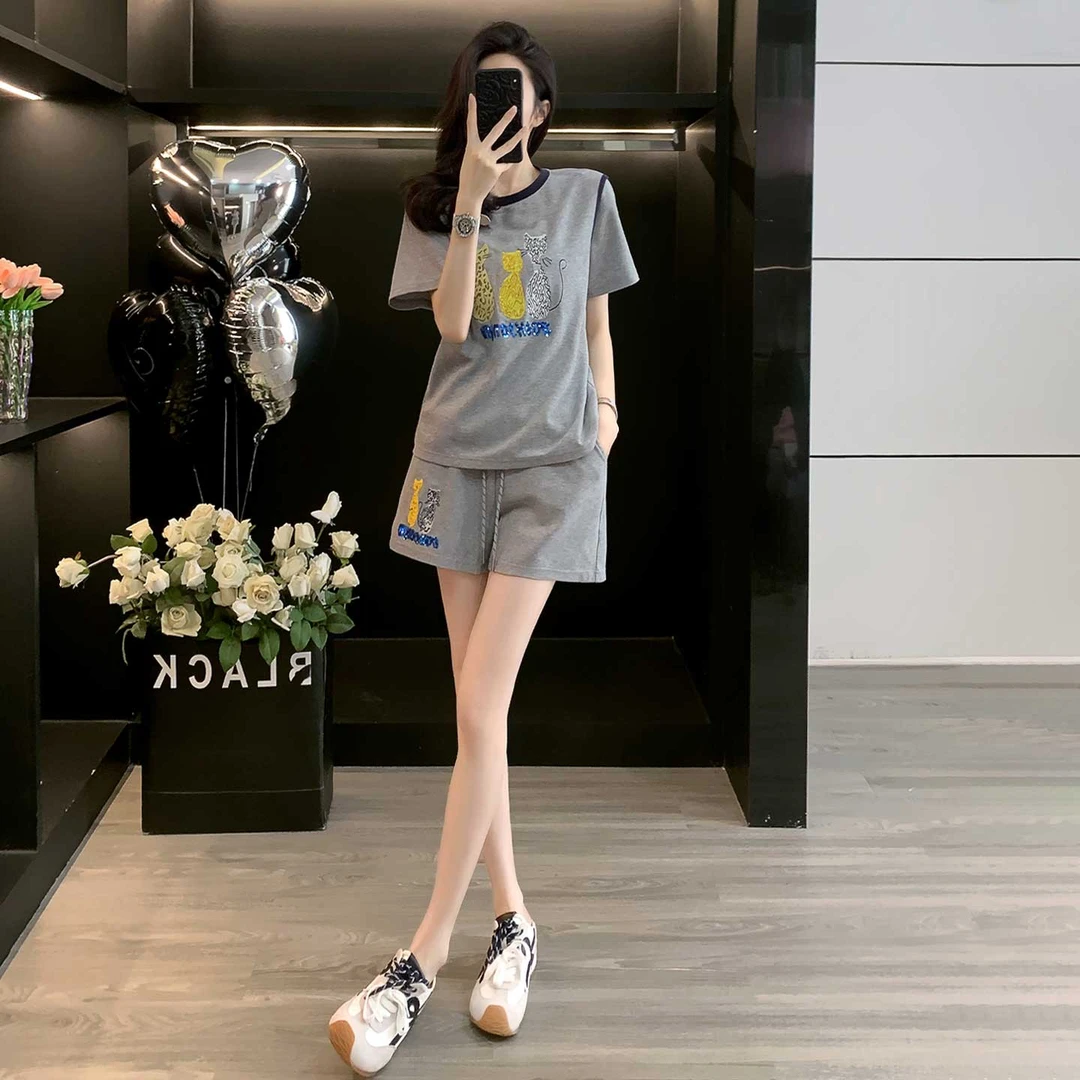 2025夏季女装新款时尚休闲运动套装宽松短袖t恤短裤显瘦减龄
