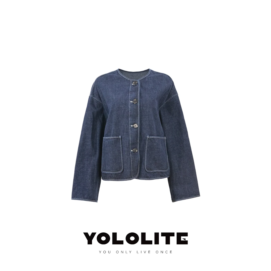 YOLOLITE【竹节牛仔】2481格子拉捆骨位撞色扣设计牛仔衬衣外套