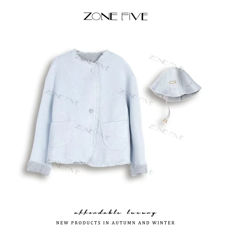 【zonefive】25113双面可穿春秋款帽袋两用流苏绵羊毛休闲时尚大衣