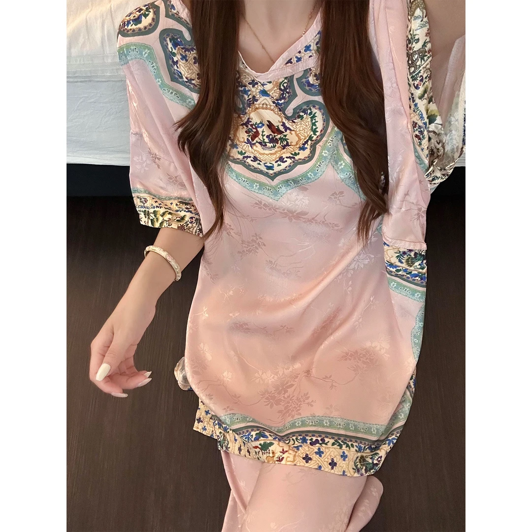 【粉色少女】新中式复古印花睡衣夏季新款大码短袖长裤家居服两件套