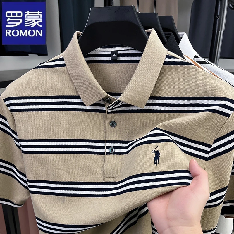 罗蒙时尚条纹撞色马标短袖Polo衫夏季休闲男士翻领商务潮流t恤衫