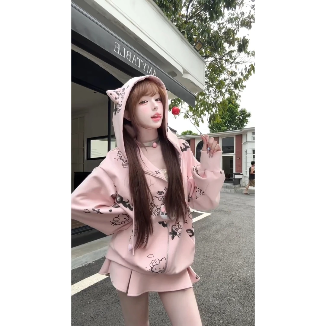 韩系温柔甜美小众猫耳设计卫衣春秋新款宽松休闲百搭超好看两件套