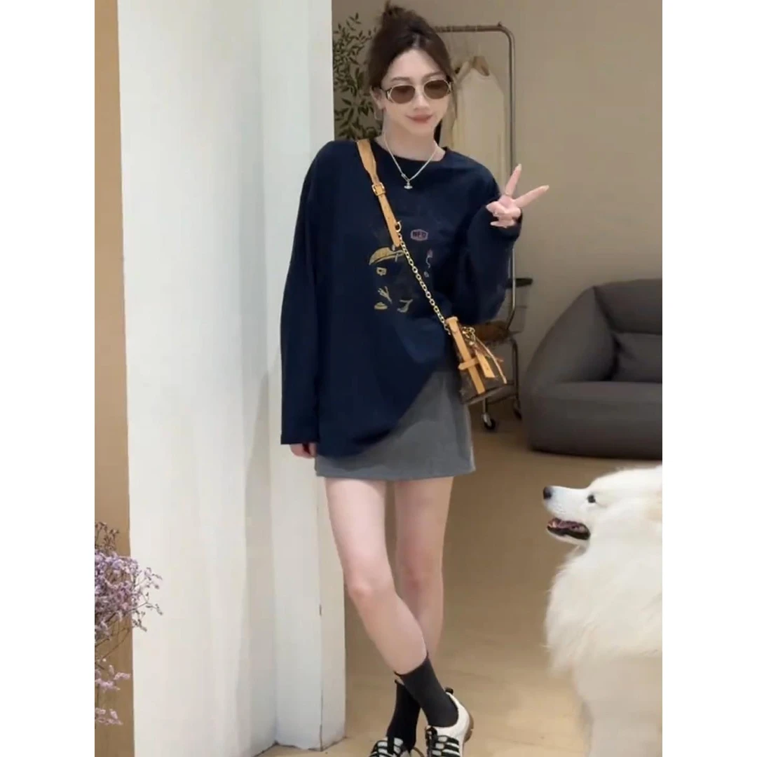 2025超火穿搭一整套女早秋时尚休闲印花百搭长袖T恤半身裙两件套