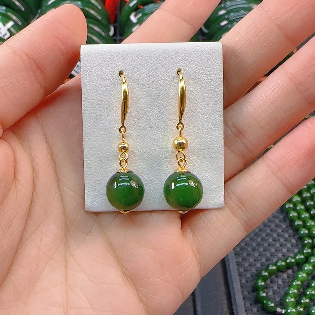 银S925镶嵌和田玉耳饰碧玉单珠耳饰