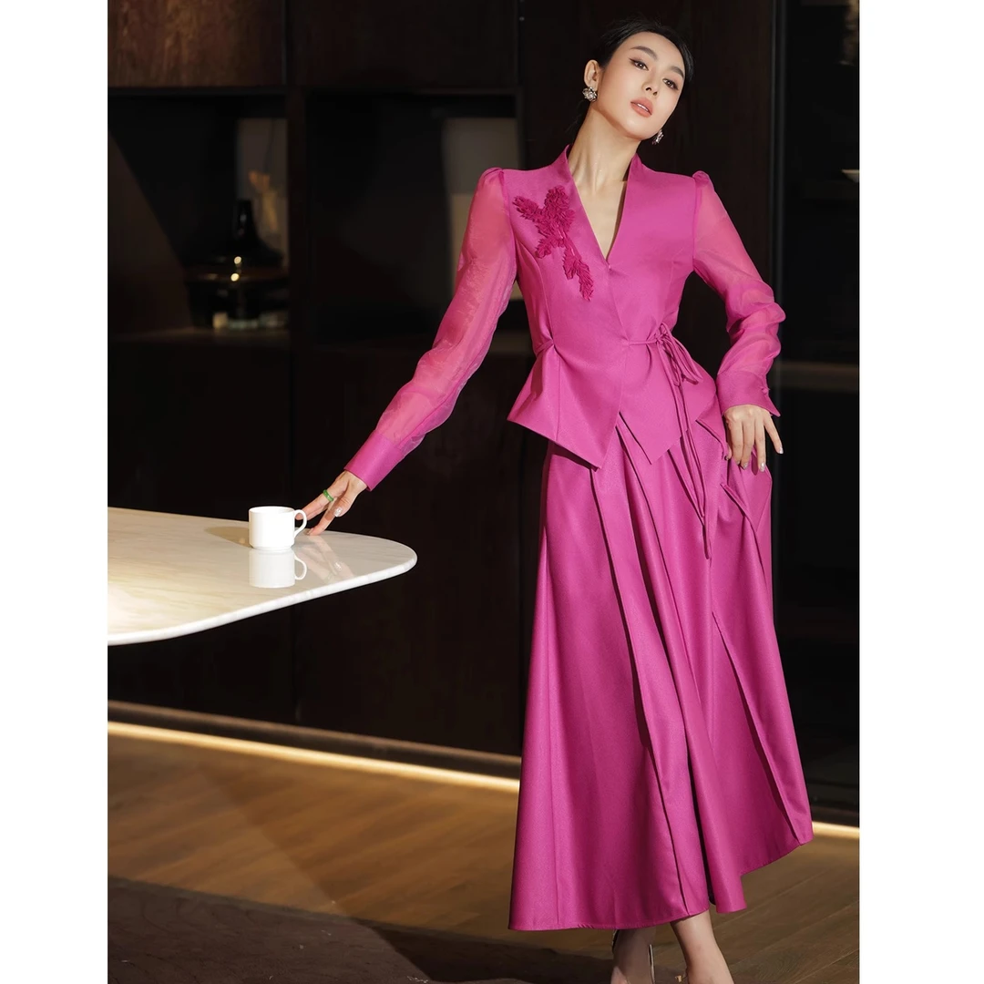 高档风法式时尚套装轻职风宴会收腰时尚INS风红色套装864