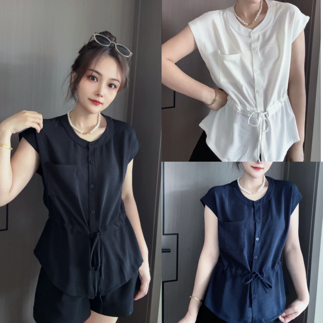 5040 夏季女士圆领抽绳腰带显瘦无袖衬衣 F80